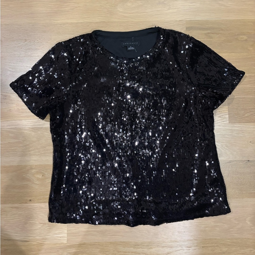 Sanctuary Black Sequin Short Sleeve Top - M